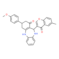 ChemSpider 2D Image | 3-(4-Methoxyphenyl)-11-(6-methyl-4-oxo-4H-chromen-3-yl)-2,3,4,5,10,11-hexahydro-1H-dibenzo[b,e][1,4]diazepin-1-one | C30H26N2O4