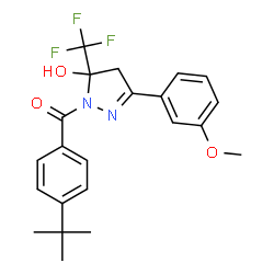 ChemSpider 2D Image | [5-Hydroxy-3-(3-methoxyphenyl)-5-(trifluoromethyl)-4,5-dihydro-1H-pyrazol-1-yl][4-(2-methyl-2-propanyl)phenyl]methanone | C22H23F3N2O3