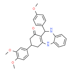 ChemSpider 2D Image | 3-(3,4-Dimethoxyphenyl)-11-(4-methoxyphenyl)-2,3,4,5,10,11-hexahydro-1H-dibenzo[b,e][1,4]diazepin-1-one | C28H28N2O4