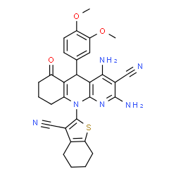ChemSpider 2D Image | 2,4-Diamino-10-(3-cyano-4,5,6,7-tetrahydro-1-benzothiophen-2-yl)-5-(3,4-dimethoxyphenyl)-6-oxo-5,6,7,8,9,10-hexahydrobenzo[b][1,8]naphthyridine-3-carbonitrile | C30H28N6O3S