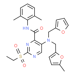 ChemSpider 2D Image | N-(2,6-Dimethylphenyl)-2-(ethylsulfonyl)-5-{(2-furylmethyl)[(5-methyl-2-furyl)methyl]amino}-4-pyrimidinecarboxamide | C26H28N4O5S