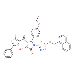ChemSpider 2D Image | 5-(4-Ethoxyphenyl)-3-hydroxy-4-[(4-methyl-2-phenyl-1,3-thiazol-5-yl)carbonyl]-1-{5-[(1-naphthylmethyl)sulfanyl]-1,3,4-thiadiazol-2-yl}-1,5-dihydro-2H-pyrrol-2-one | C36H28N4O4S3