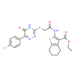ChemSpider 2D Image | Ethyl 2-[({[6-(4-chlorophenyl)-5-oxo-2,5-dihydro-1,2,4-triazin-3-yl]sulfanyl}acetyl)amino]-4,5,6,7-tetrahydro-1-benzothiophene-3-carboxylate | C22H21ClN4O4S2