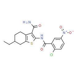 ChemSpider 2D Image | 2-[(2-Chloro-5-nitrobenzoyl)amino]-6-ethyl-4,5,6,7-tetrahydro-1-benzothiophene-3-carboxamide | C18H18ClN3O4S