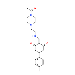 ChemSpider 2D Image | 5-(4-Methylphenyl)-2-({[2-(4-propionyl-1-piperazinyl)ethyl]amino}methylene)-1,3-cyclohexanedione | C23H31N3O3