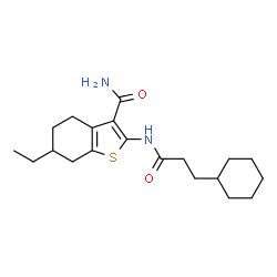 ChemSpider 2D Image | 2-[(3-Cyclohexylpropanoyl)amino]-6-ethyl-4,5,6,7-tetrahydro-1-benzothiophene-3-carboxamide | C20H30N2O2S
