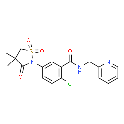 ChemSpider 2D Image | 2-Chloro-5-(4,4-dimethyl-1,1-dioxido-3-oxo-1,2-thiazolidin-2-yl)-N-(2-pyridinylmethyl)benzamide | C18H18ClN3O4S