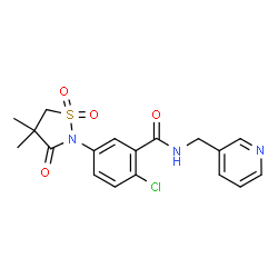 ChemSpider 2D Image | 2-Chloro-5-(4,4-dimethyl-1,1-dioxido-3-oxo-1,2-thiazolidin-2-yl)-N-(3-pyridinylmethyl)benzamide | C18H18ClN3O4S