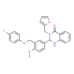 ChemSpider 2D Image | 2-{3-[(4-Fluorophenoxy)methyl]-4-methoxyphenyl}-3-(2-furylmethyl)-2,3-dihydro-4(1H)-quinazolinone | C27H23FN2O4