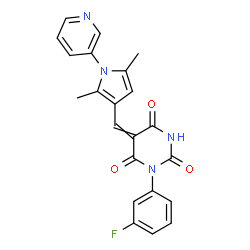 ChemSpider 2D Image | 5-{[2,5-Dimethyl-1-(3-pyridinyl)-1H-pyrrol-3-yl]methylene}-1-(3-fluorophenyl)-2,4,6(1H,3H,5H)-pyrimidinetrione | C22H17FN4O3
