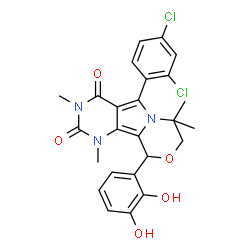 ChemSpider 2D Image | 5-(2,4-Dichlorophenyl)-10-(2,3-dihydroxyphenyl)-1,3,7,7-tetramethyl-1,7,8,10-tetrahydro-2H-pyrimido[4',5':3,4]pyrrolo[2,1-c][1,4]oxazine-2,4(3H)-dione | C25H23Cl2N3O5