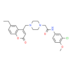 ChemSpider 2D Image | N-(3-Chloro-4-methoxyphenyl)-2-{4-[(6-ethyl-2-oxo-2H-chromen-4-yl)methyl]-1-piperazinyl}acetamide | C25H28ClN3O4