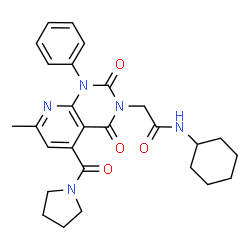 ChemSpider 2D Image | N-Cyclohexyl-2-[7-methyl-2,4-dioxo-1-phenyl-5-(1-pyrrolidinylcarbonyl)-1,4-dihydropyrido[2,3-d]pyrimidin-3(2H)-yl]acetamide | C27H31N5O4
