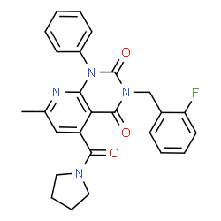 ChemSpider 2D Image | 3-(2-Fluorobenzyl)-7-methyl-1-phenyl-5-(1-pyrrolidinylcarbonyl)pyrido[2,3-d]pyrimidine-2,4(1H,3H)-dione | C26H23FN4O3