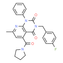 ChemSpider 2D Image | 3-(4-Fluorobenzyl)-7-methyl-1-phenyl-5-(1-pyrrolidinylcarbonyl)pyrido[2,3-d]pyrimidine-2,4(1H,3H)-dione | C26H23FN4O3
