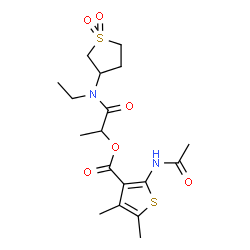 ChemSpider 2D Image | 1-[(1,1-Dioxidotetrahydro-3-thiophenyl)(ethyl)amino]-1-oxo-2-propanyl 2-acetamido-4,5-dimethyl-3-thiophenecarboxylate | C18H26N2O6S2