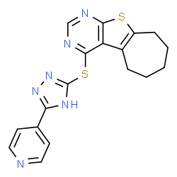 ChemSpider 2D Image | 4-{[3-(4-Pyridinyl)-1H-1,2,4-triazol-5-yl]sulfanyl}-6,7,8,9-tetrahydro-5H-cyclohepta[4,5]thieno[2,3-d]pyrimidine | C18H16N6S2