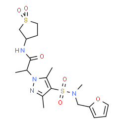 ChemSpider 2D Image | N-(1,1-Dioxidotetrahydro-3-thiophenyl)-2-{4-[(2-furylmethyl)(methyl)sulfamoyl]-3,5-dimethyl-1H-pyrazol-1-yl}propanamide | C18H26N4O6S2