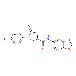 ChemSpider 2D Image | N-(1,3-Benzodioxol-5-yl)-1-(4-bromophenyl)-5-oxo-3-pyrrolidinecarboxamide | C18H15BrN2O4