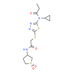ChemSpider 2D Image | N-Cyclopropyl-N-[5-({2-[(1,1-dioxidotetrahydro-3-thiophenyl)amino]-2-oxoethyl}sulfanyl)-1,3,4-thiadiazol-2-yl]propanamide | C14H20N4O4S3
