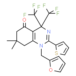 ChemSpider 2D Image | 1-(2-Furylmethyl)-7,7-dimethyl-2-(2-thienyl)-4,4-bis(trifluoromethyl)-4,6,7,8-tetrahydro-5(1H)-quinazolinone | C21H18F6N2O2S