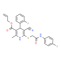 ChemSpider 2D Image | Allyl 5-cyano-4-(2-fluorophenyl)-6-({2-[(4-fluorophenyl)amino]-2-oxoethyl}sulfanyl)-2-methyl-1,4-dihydro-3-pyridinecarboxylate | C25H21F2N3O3S