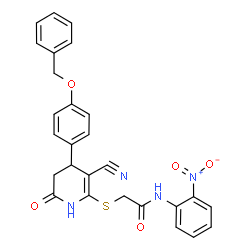 ChemSpider 2D Image | 2-({4-[4-(Benzyloxy)phenyl]-3-cyano-6-oxo-1,4,5,6-tetrahydro-2-pyridinyl}sulfanyl)-N-(2-nitrophenyl)acetamide | C27H22N4O5S