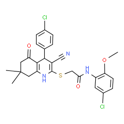 ChemSpider 2D Image | N-(5-Chloro-2-methoxyphenyl)-2-{[4-(4-chlorophenyl)-3-cyano-7,7-dimethyl-5-oxo-1,4,5,6,7,8-hexahydro-2-quinolinyl]sulfanyl}acetamide | C27H25Cl2N3O3S