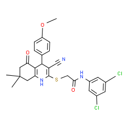 ChemSpider 2D Image | 2-{[3-Cyano-4-(4-methoxyphenyl)-7,7-dimethyl-5-oxo-1,4,5,6,7,8-hexahydro-2-quinolinyl]sulfanyl}-N-(3,5-dichlorophenyl)acetamide | C27H25Cl2N3O3S