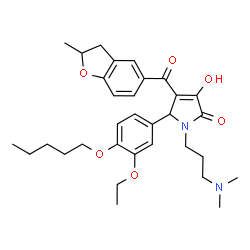 ChemSpider 2D Image | 1-[3-(Dimethylamino)propyl]-5-[3-ethoxy-4-(pentyloxy)phenyl]-3-hydroxy-4-[(2-methyl-2,3-dihydro-1-benzofuran-5-yl)carbonyl]-1,5-dihydro-2H-pyrrol-2-one | C32H42N2O6
