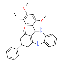 ChemSpider 2D Image | 3-Phenyl-11-(2,4,5-trimethoxyphenyl)-2,3,4,5,10,11-hexahydro-1H-dibenzo[b,e][1,4]diazepin-1-one | C28H28N2O4