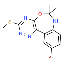 ChemSpider 2D Image | 10-Bromo-6,6-dimethyl-3-(methylsulfanyl)-6,7-dihydro[1,2,4]triazino[5,6-d][3,1]benzoxazepine | C13H13BrN4OS