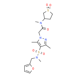 ChemSpider 2D Image | N-(1,1-Dioxidotetrahydro-3-thiophenyl)-2-{4-[(2-furylmethyl)(methyl)sulfamoyl]-3,5-dimethyl-1H-pyrazol-1-yl}-N-methylacetamide | C18H26N4O6S2
