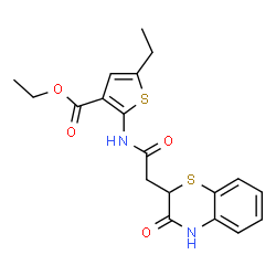 ChemSpider 2D Image | Ethyl 5-ethyl-2-{[(3-oxo-3,4-dihydro-2H-1,4-benzothiazin-2-yl)acetyl]amino}-3-thiophenecarboxylate | C19H20N2O4S2