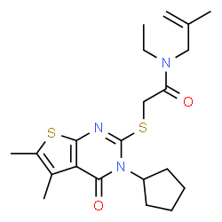 ChemSpider 2D Image | 2-[(3-Cyclopentyl-5,6-dimethyl-4-oxo-3,4-dihydrothieno[2,3-d]pyrimidin-2-yl)sulfanyl]-N-ethyl-N-(2-methyl-2-propen-1-yl)acetamide | C21H29N3O2S2