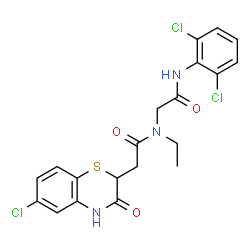 ChemSpider 2D Image | N~2~-[(6-Chloro-3-oxo-3,4-dihydro-2H-1,4-benzothiazin-2-yl)acetyl]-N-(2,6-dichlorophenyl)-N~2~-ethylglycinamide | C20H18Cl3N3O3S