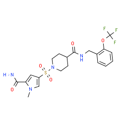 ChemSpider 2D Image | 1-[(5-Carbamoyl-1-methyl-1H-pyrrol-3-yl)sulfonyl]-N-[2-(trifluoromethoxy)benzyl]-4-piperidinecarboxamide | C20H23F3N4O5S