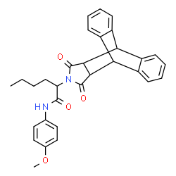 ChemSpider 2D Image | 2-(16,18-Dioxo-17-azapentacyclo[6.6.5.0~2,7~.0~9,14~.0~15,19~]nonadeca-2,4,6,9,11,13-hexaen-17-yl)-N-(4-methoxyphenyl)hexanamide | C31H30N2O4