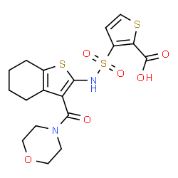 ChemSpider 2D Image | 3-{[3-(4-Morpholinylcarbonyl)-4,5,6,7-tetrahydro-1-benzothiophen-2-yl]sulfamoyl}-2-thiophenecarboxylic acid | C18H20N2O6S3