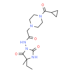 ChemSpider 2D Image | 2-[4-(Cyclopropylcarbonyl)-1-piperazinyl]-N-(4-ethyl-4-methyl-2,5-dioxo-1-imidazolidinyl)acetamide | C16H25N5O4