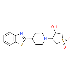 ChemSpider 2D Image | 4-[4-(1,3-Benzothiazol-2-yl)-1-piperidinyl]tetrahydro-3-thiopheneol 1,1-dioxide | C16H20N2O3S2