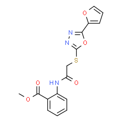 ChemSpider 2D Image | Methyl 2-[({[5-(2-furyl)-1,3,4-oxadiazol-2-yl]sulfanyl}acetyl)amino]benzoate | C16H13N3O5S