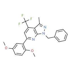 ChemSpider 2D Image | 1-Benzyl-6-(2,5-dimethoxyphenyl)-3-methyl-4-(trifluoromethyl)-1H-pyrazolo[3,4-b]pyridine | C23H20F3N3O2