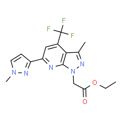 ChemSpider 2D Image | Ethyl [3-methyl-6-(1-methyl-1H-pyrazol-3-yl)-4-(trifluoromethyl)-1H-pyrazolo[3,4-b]pyridin-1-yl]acetate | C16H16F3N5O2