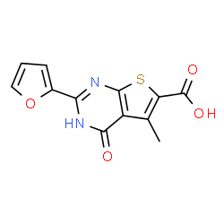 ChemSpider 2D Image | 2-(furan-2-yl)-5-methyl-4-oxo-3H,4H-thieno[2,3-d]pyrimidine-6-carboxylic acid | C12H8N2O4S
