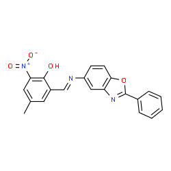 ChemSpider 2D Image | 4-Methyl-2-nitro-6-{(E)-[(2-phenyl-1,3-benzoxazol-5-yl)imino]methyl}phenol | C21H15N3O4