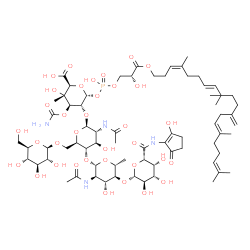 ChemSpider 2D Image | (2S,3S,4R,5R,6R)-5-{[(2S,3R,4R,5S,6R)-3-Acetamido-5-{[(2S,3R,4R,5S,6R)-3-acetamido-4-hydroxy-6-methyl-5-({(2R,3R,4S,5R,6S)-3,4,5-trihydroxy-6-[(2-hydroxy-5-oxo-1-cyclopenten-1-yl)carbamoyl]tetrahydro-
2H-pyran-2-yl}oxy)tetrahydro-2H-pyran-2-yl]oxy}-4-hydroxy-6-({[(2R,3R,4S,5S,6R)-3,4,5-trihydroxy-6-(hydroxymethyl)tetrahydro-2H-pyran-2-yl]oxy}methyl)tetrahydro-2H-pyran-2-yl]oxy}-4-(carbamoyloxy)-3-h
ydroxy-6-({hydroxy[(2R)-2-hydroxy-3-oxo-3-{[ | C70H109N4O35P
