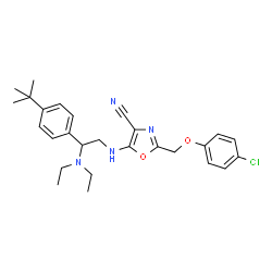 ChemSpider 2D Image | 2-[(4-Chlorophenoxy)methyl]-5-({2-(diethylamino)-2-[4-(2-methyl-2-propanyl)phenyl]ethyl}amino)-1,3-oxazole-4-carbonitrile | C27H33ClN4O2