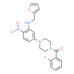 ChemSpider 2D Image | (2-Fluorophenyl)(4-{3-[(2-furylmethyl)amino]-4-nitrophenyl}-1-piperazinyl)methanone | C22H21FN4O4