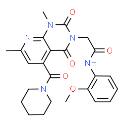 ChemSpider 2D Image | 2-[1,7-Dimethyl-2,4-dioxo-5-(1-piperidinylcarbonyl)-1,4-dihydropyrido[2,3-d]pyrimidin-3(2H)-yl]-N-(2-methoxyphenyl)acetamide | C24H27N5O5